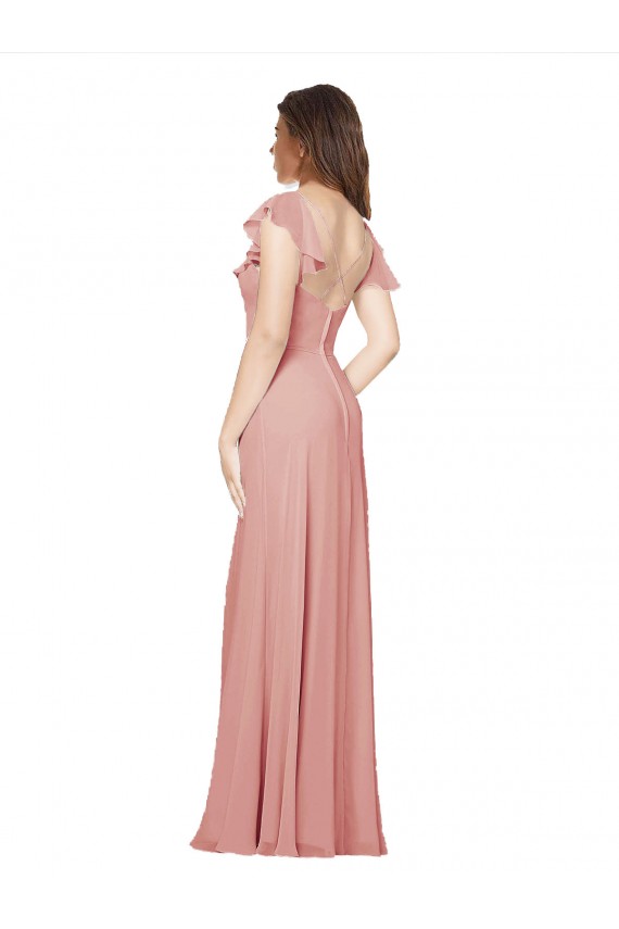 V-Neck Long Chiffon Bliss Pink Flutter Sleeves Bridesmaid Dress / Evening Dress Darwin