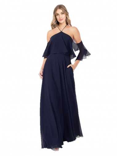 High Neck Long Soft Chiffon Dark Navy Flutter Sleeves Formal Dress / Bridesmaid Dress Darwin