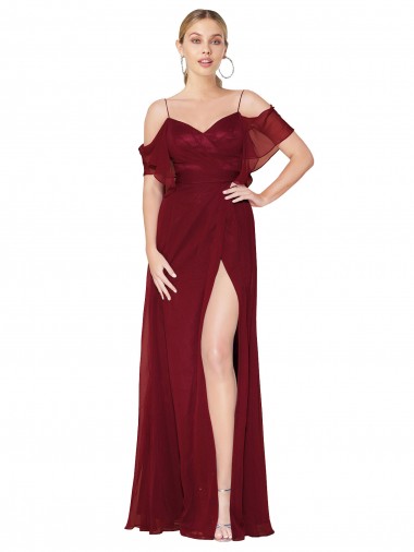 High Neck Long Soft Chiffon Burgundy Cold Shoulder Formal Evening Gown / Prom Dress / Bridesmaid Dress Darwin