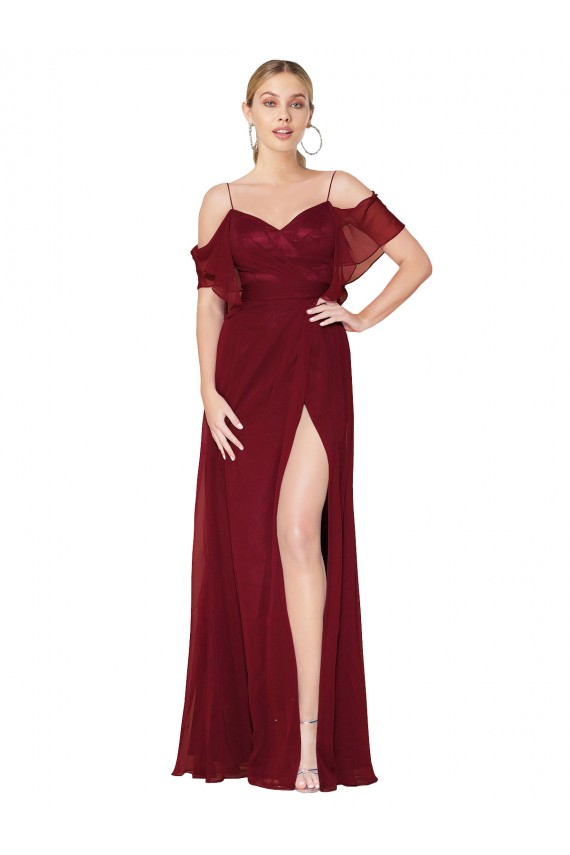 High Neck Long Soft Chiffon Burgundy Cold Shoulder Formal Evening Gown / Prom Dress / Bridesmaid Dress Darwin