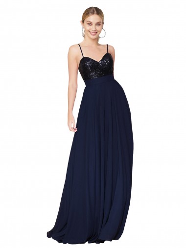 High Neck Long Soft Chiffon & Sequin Dark Navy Sleeveless Semi Formal Evening Dress / Prom Dress / Bridesmaid Dress Darwin