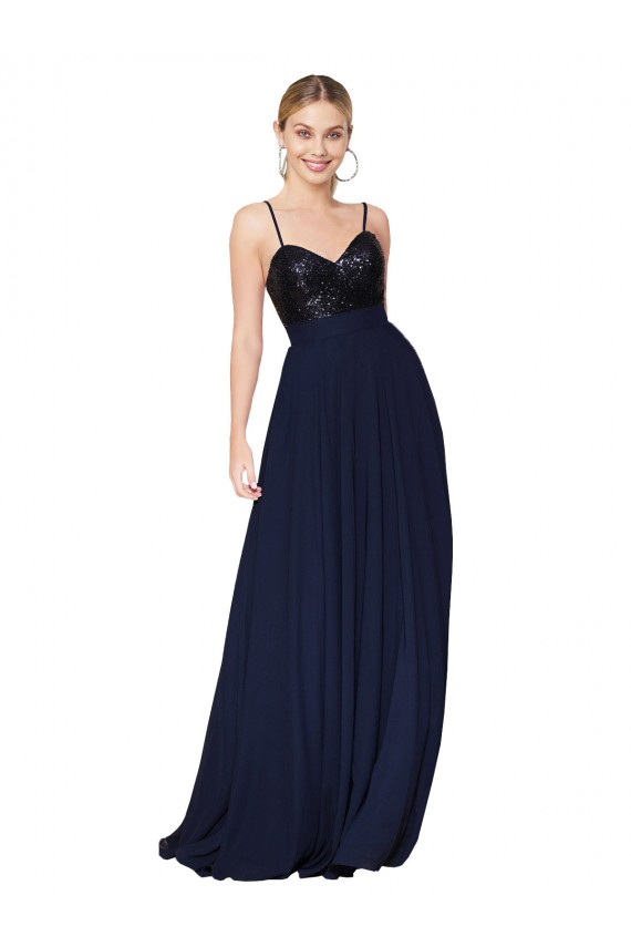 High Neck Long Soft Chiffon & Sequin Dark Navy Sleeveless Semi Formal Evening Dress / Prom Dress / Bridesmaid Dress Darwin