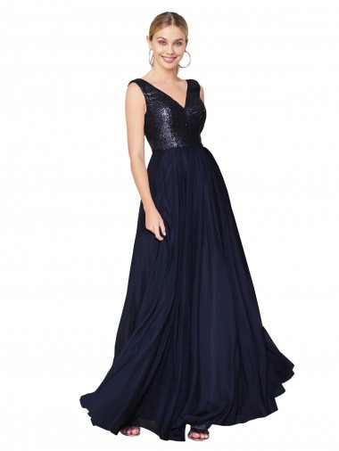 High Neck Long Soft Chiffon & Sequin Dark Navy Sleeveless Semi Formal Evening Gown / Prom Dress / Bridesmaid Dress Darwin