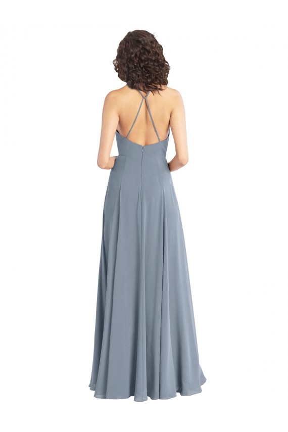 Cowl Neck Long Soft Chiffon Dusty Blue Sleeveless Bridesmaid Dress Darwin