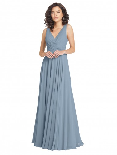 V-Neck Long Soft Chiffon Dusty Blue A-Line Sleeveless Bridesmaid Dress Darwin