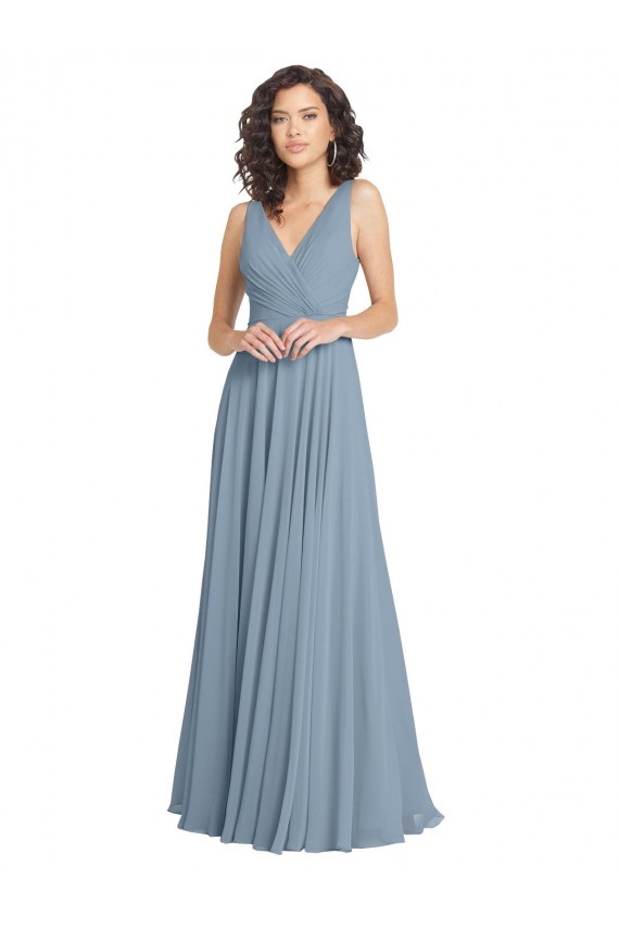 V-Neck Long Soft Chiffon Dusty Blue A-Line Sleeveless Bridesmaid Dress Darwin