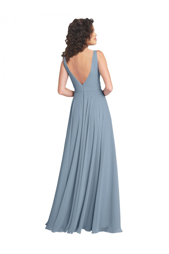 V-Neck Long Soft Chiffon Dusty Blue A-Line Sleeveless Bridesmaid Dress Darwin