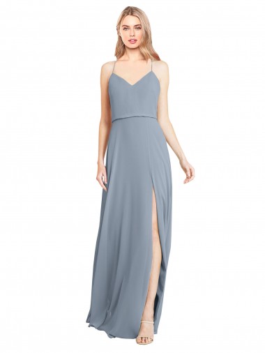 V-Neck Long Soft Chiffon Dusty Blue Sleeveless Bridesmaid Gowns Darwin