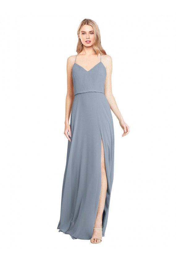 V-Neck Long Soft Chiffon Dusty Blue Sleeveless Bridesmaid Gowns Darwin