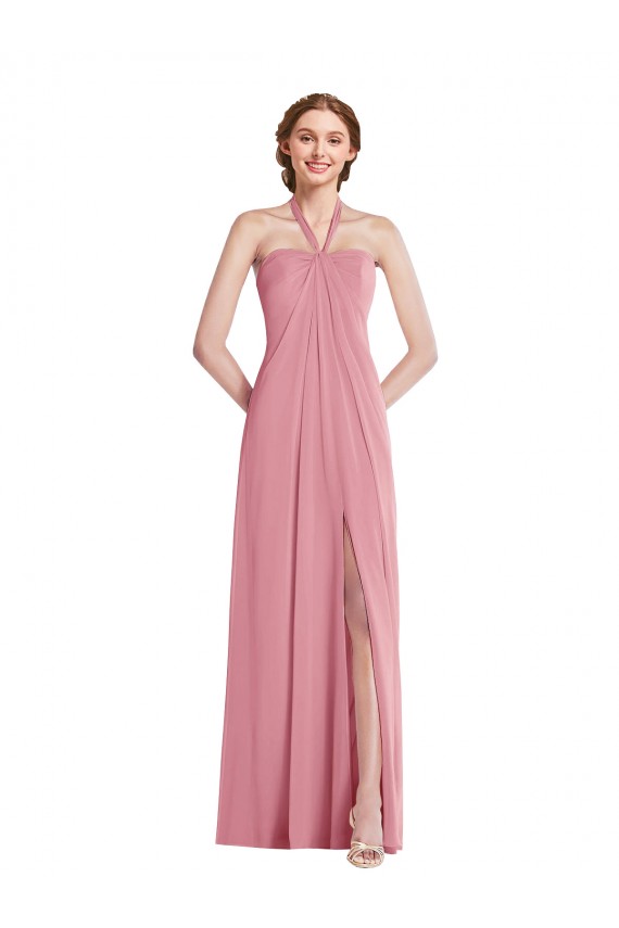 Halter Neck Long Soft Chiffon Skin Pink Sleeveless Semi Formal Evening Dress / Bridesmaid Dress Darwin