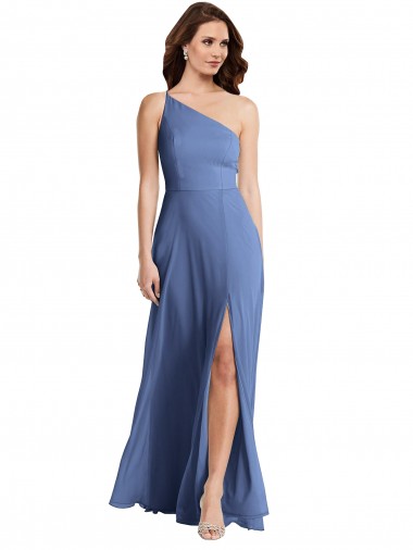 One Shoulder Long Soft Chiffon Windsor Blue Sleeveless Formal Evening Gown / Bridesmaid Dress Darwin