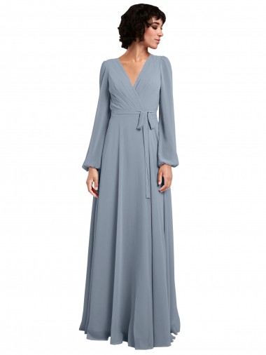 V-Neck Long Soft Chiffon Dusty Blue Long Sleeves Bridesmaid Dress / Formal Dress Darwin