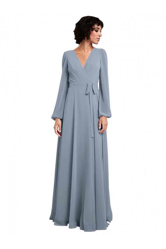 V-Neck Long Soft Chiffon Dusty Blue Long Sleeves Bridesmaid Dress / Formal Dress Darwin