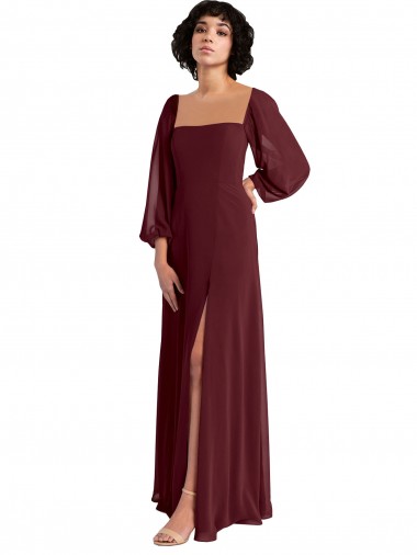 Square Neck Long Chiffon Burgundy Gold Long Sleeves Bridesmaid Dress / Evening Dress Darwin