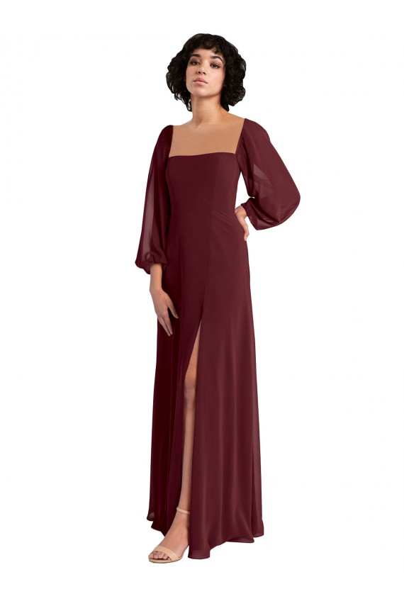 Square Neck Long Chiffon Burgundy Gold Long Sleeves Bridesmaid Dress / Evening Dress Darwin