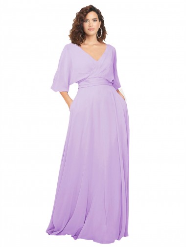 V-Neck Long Lxue Chiffon Lilac Half Sleeves Bridesmaid Dress Darwin