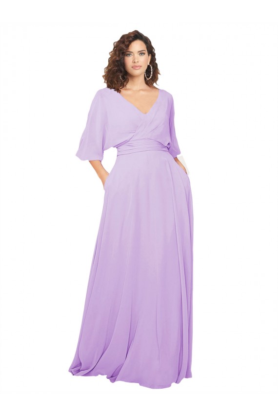 V-Neck Long Lxue Chiffon Lilac Half Sleeves Bridesmaid Dress Darwin