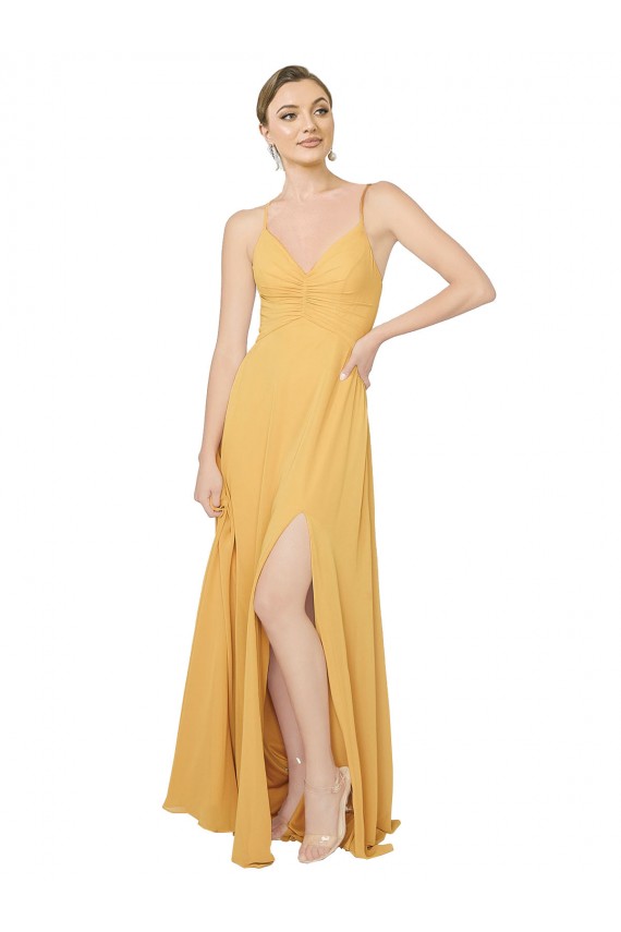 V-Neck Long Chiffon Saffron Sleeveless Bridesmaid Dress / Evening Dress Darwin