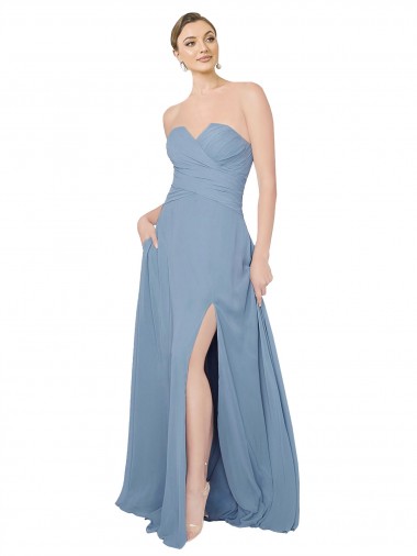 Strapless Long Chiffon Dusty Blue Sleeveless Bridesmaid Dress / Evening Dress Darwin