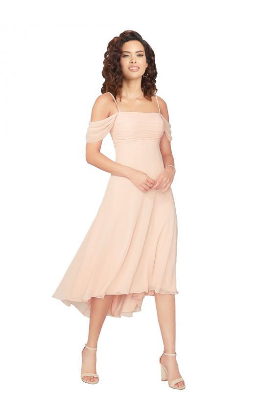 Square Neck Midi Length Soft Chiffon Ice Pink Cold Shoulder High Low Bridesmaid Dress Darwin