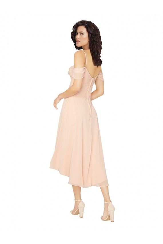 Square Neck Midi Length Soft Chiffon Ice Pink Cold Shoulder High Low Bridesmaid Dress Darwin