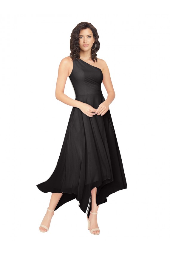 Strapless Midi Length Soft Chiffon Black Sleeveless High Low Bridesmaid Dress Darwin