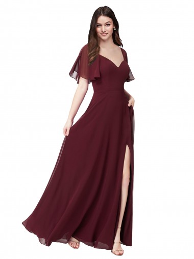 Sweetheart Long Soft Chiffon Burgundy Gold Short Flutter Sleeves Formal Dress / Bridesmaid Dress Darwin