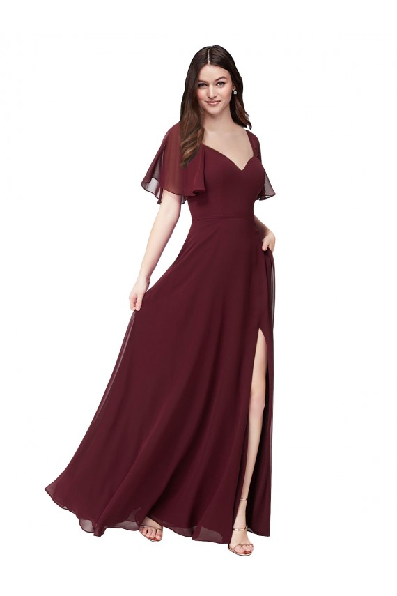Sweetheart Long Soft Chiffon Burgundy Gold Short Flutter Sleeves Formal Dress / Bridesmaid Dress Darwin