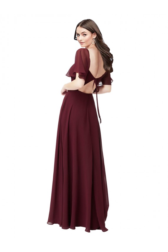 Sweetheart Long Soft Chiffon Burgundy Gold Short Flutter Sleeves Formal Dress / Bridesmaid Dress Darwin