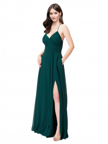 V-Neck Long Chiffon Hunter Green Sleeveless Wedding Party Dress Darwin
