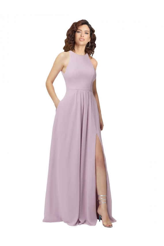 High Neck Long Soft Chiffon Pink Glow Sleeveless Bridesmaid Dress Darwin