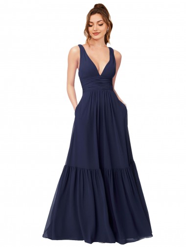 V-Neck Long Full Length Chiffon Dark Navy Sleeveless Evening Gowns / Bridesmaid Dress Darwin