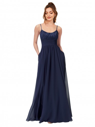Scoop Neck Long Soft Chiffon & Lace Dark Navy Sleeveless Bridesmaid Dress Darwin