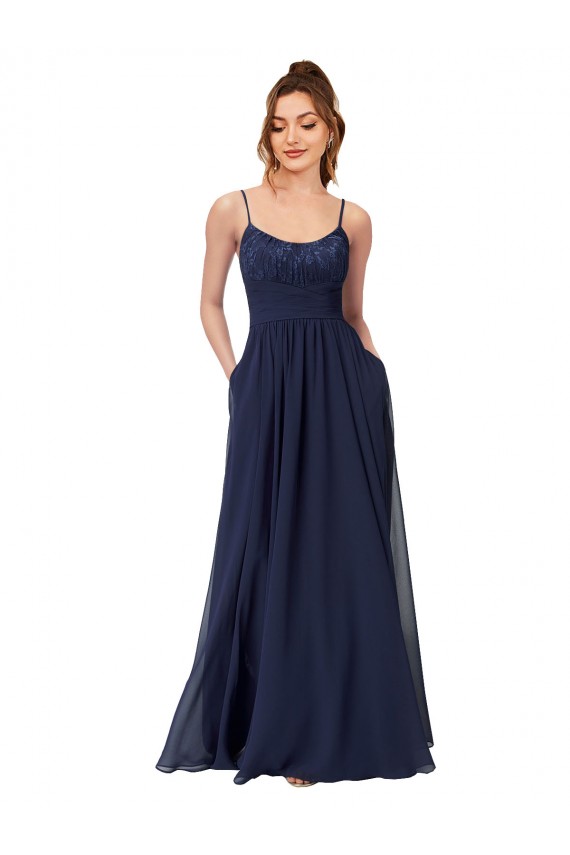 Scoop Neck Long Soft Chiffon & Lace Dark Navy Sleeveless Bridesmaid Dress Darwin