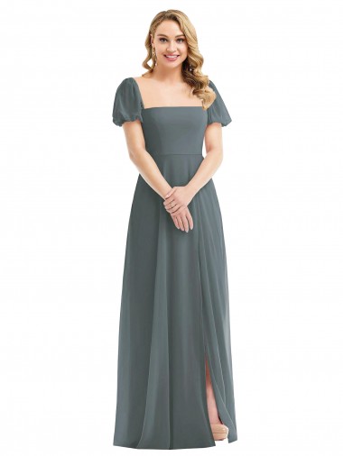 Square Neck Long Soft Chiffon Slate Grey Puff Sleeves Semi Formal Evening Dress / Bridesmaid Dress Darwin