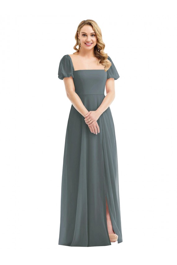 Square Neck Long Soft Chiffon Slate Grey Puff Sleeves Semi Formal Evening Dress / Bridesmaid Dress Darwin