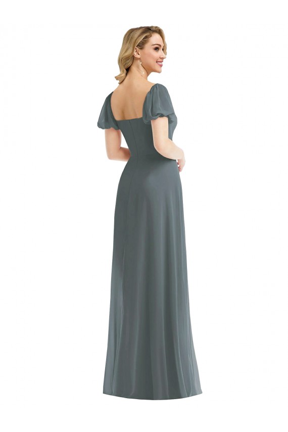 Square Neck Long Soft Chiffon Slate Grey Puff Sleeves Semi Formal Evening Dress / Bridesmaid Dress Darwin