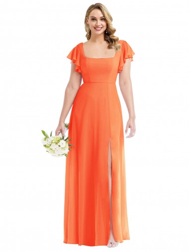 Square Neck Long Soft Chiffon Tangerine Tango Flutter Sleeves Semi Formal Evening Dress / Bridesmaid Dress Darwin