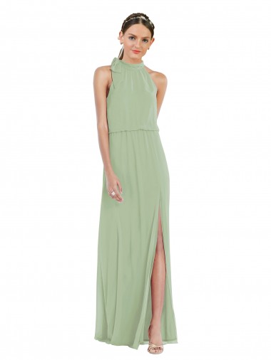High Neck Long Soft Chiffon Smoke Green Sleeveless Semi Formal Evening Dress / Bridesmaid Dress Darwin