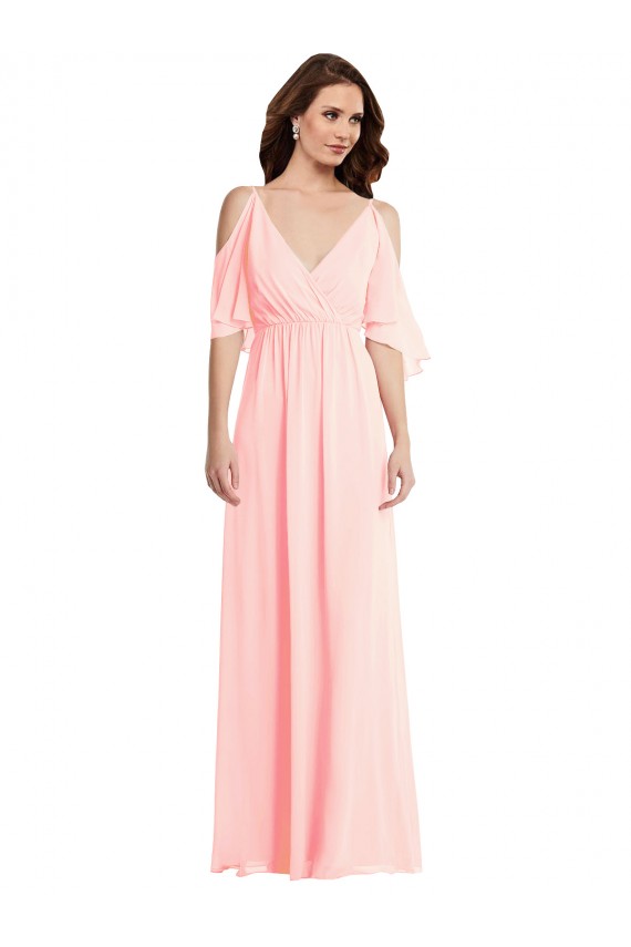 V-Neck Long Soft Chiffon Pink Cold Shoulder Semi Formal Evening Dress / Bridesmaid Dress Darwin