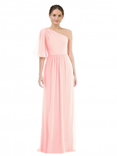 One Shoulder Long Soft Chiffon Pink Bell Sleeves Semi Formal Evening Dress / Bridesmaid Dress Darwin