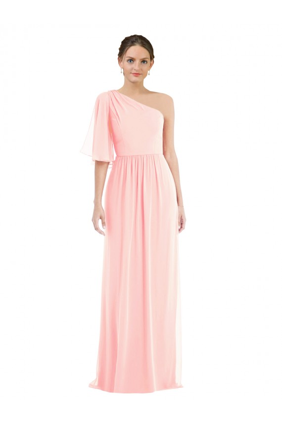 One Shoulder Long Soft Chiffon Pink Bell Sleeves Semi Formal Evening Dress / Bridesmaid Dress Darwin