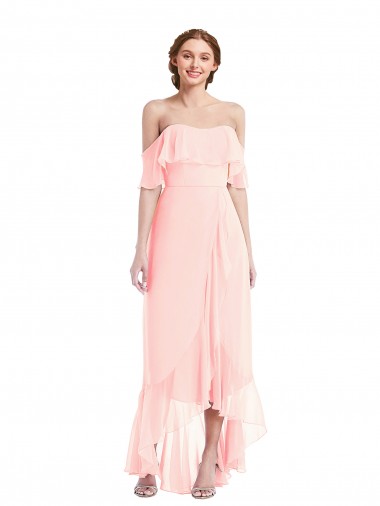 Off the Shoulder Long Soft Chiffon Pink Sleeveless High Low Bridesmaid Dress Darwin