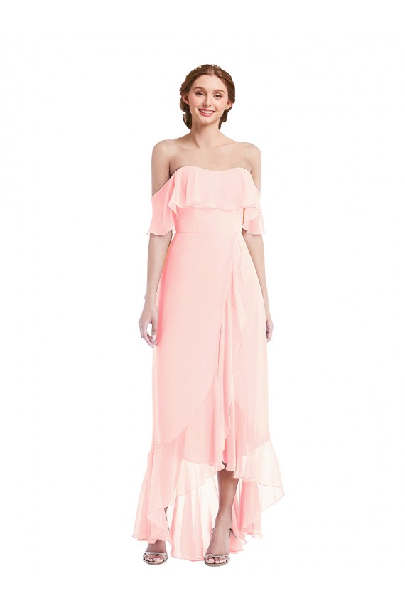 Off the Shoulder Long Soft Chiffon Pink Sleeveless High Low Bridesmaid Dress Darwin