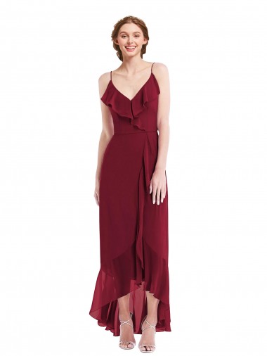 V-Neck Long Soft Chiffon Burgundy Sleeveless High Low Evening Gown / Bridesmaid Dress Darwin
