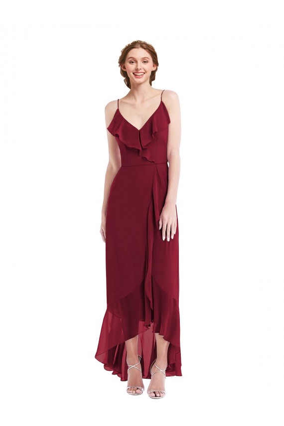V-Neck Long Soft Chiffon Burgundy Sleeveless High Low Evening Gown / Bridesmaid Dress Darwin