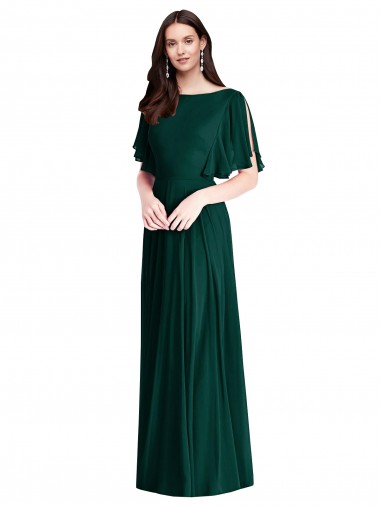 Bateau Neck Long Soft Chiffon Ever Green Bell Sleeves Semi Formal Evening Dress / Bridesmaid Dress Darwin
