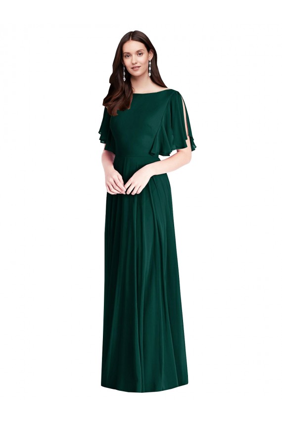 Bateau Neck Long Soft Chiffon Ever Green Bell Sleeves Semi Formal Evening Dress / Bridesmaid Dress Darwin