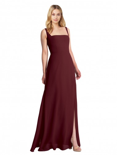 Square Neck Long Soft Chiffon Burgundy Gold Sleeveless Bridesmaid Dress Darwin