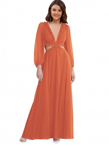 V-Neck Long Soft Chiffon Firecracker Long Sleeves High Low Evening Gown / Bridesmaid Dress Darwin